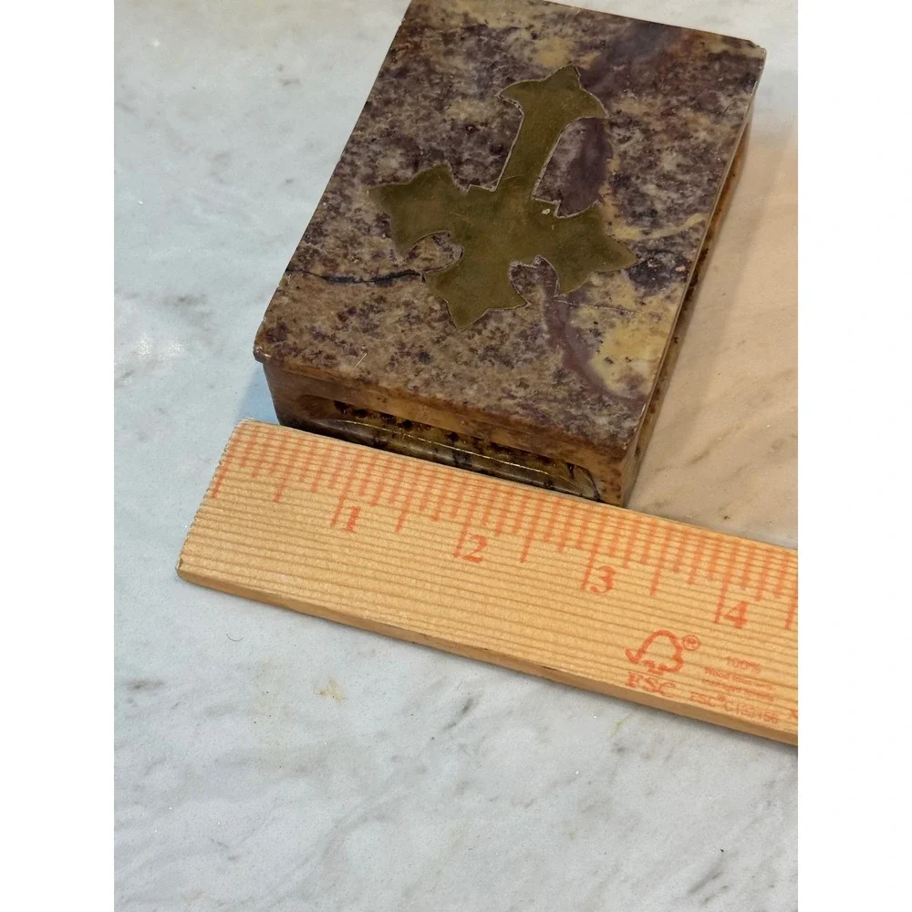 Vintage Soapstone Trinket Box Brown Brass Cross Inlay Carved India Handmade